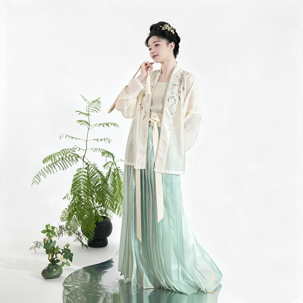 White and mint green Song-style Hanfu with sheer jacket and pearl trim