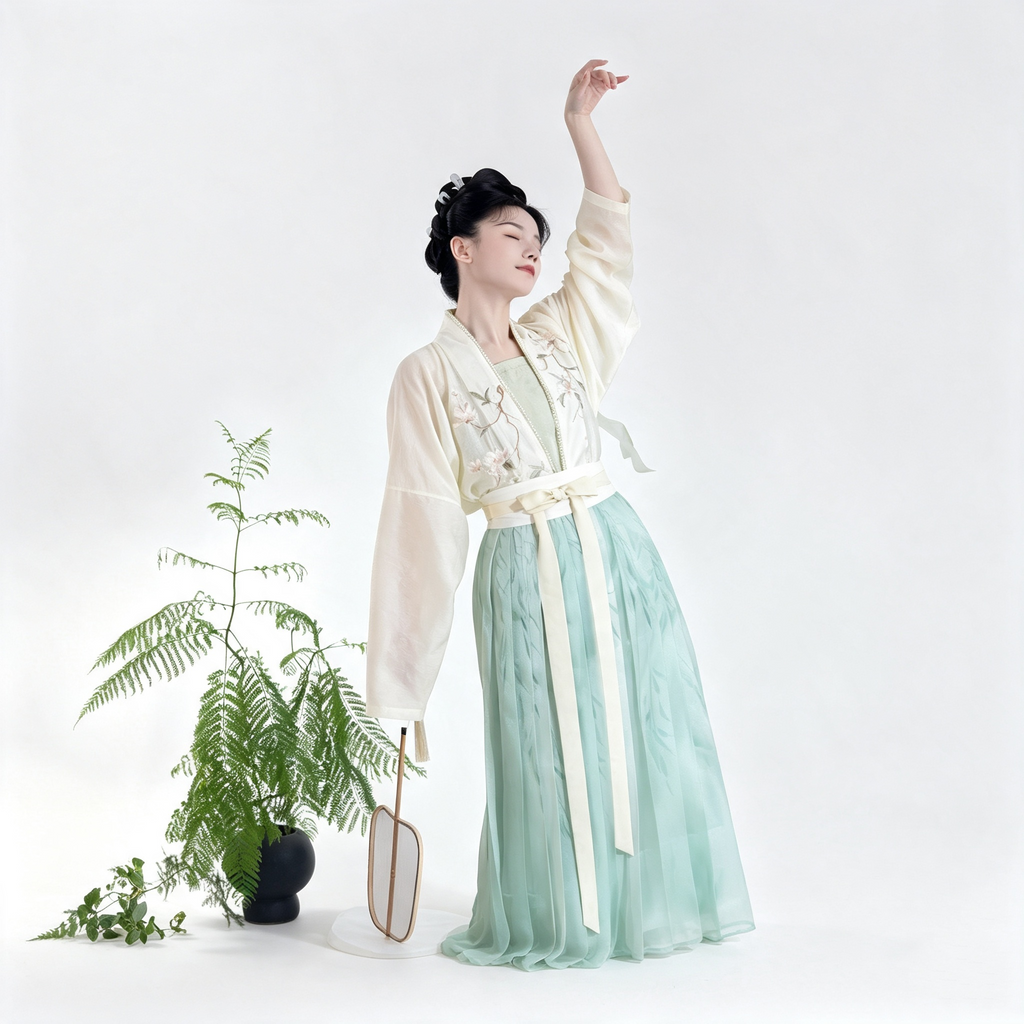 Pearl-trimmed white Hanfu jacket with a pale green skirt