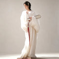White Wei-Jin style Hanfu with sheer wide sleeves and red sash